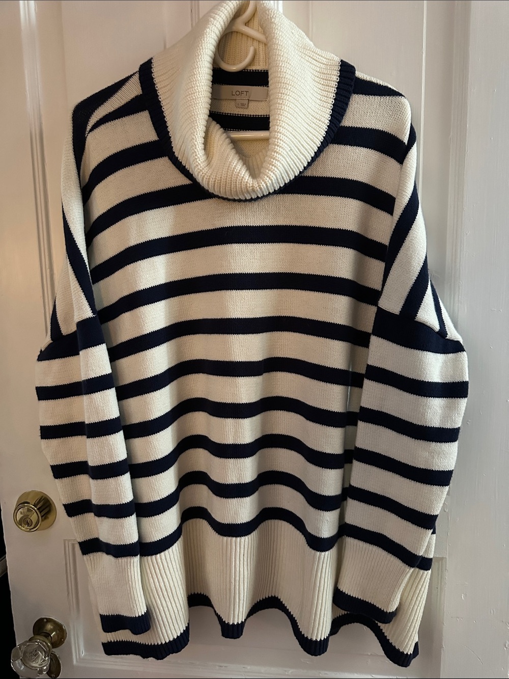 LOFT Oversized Cream and Navy Striped Cowl Neck Sweater